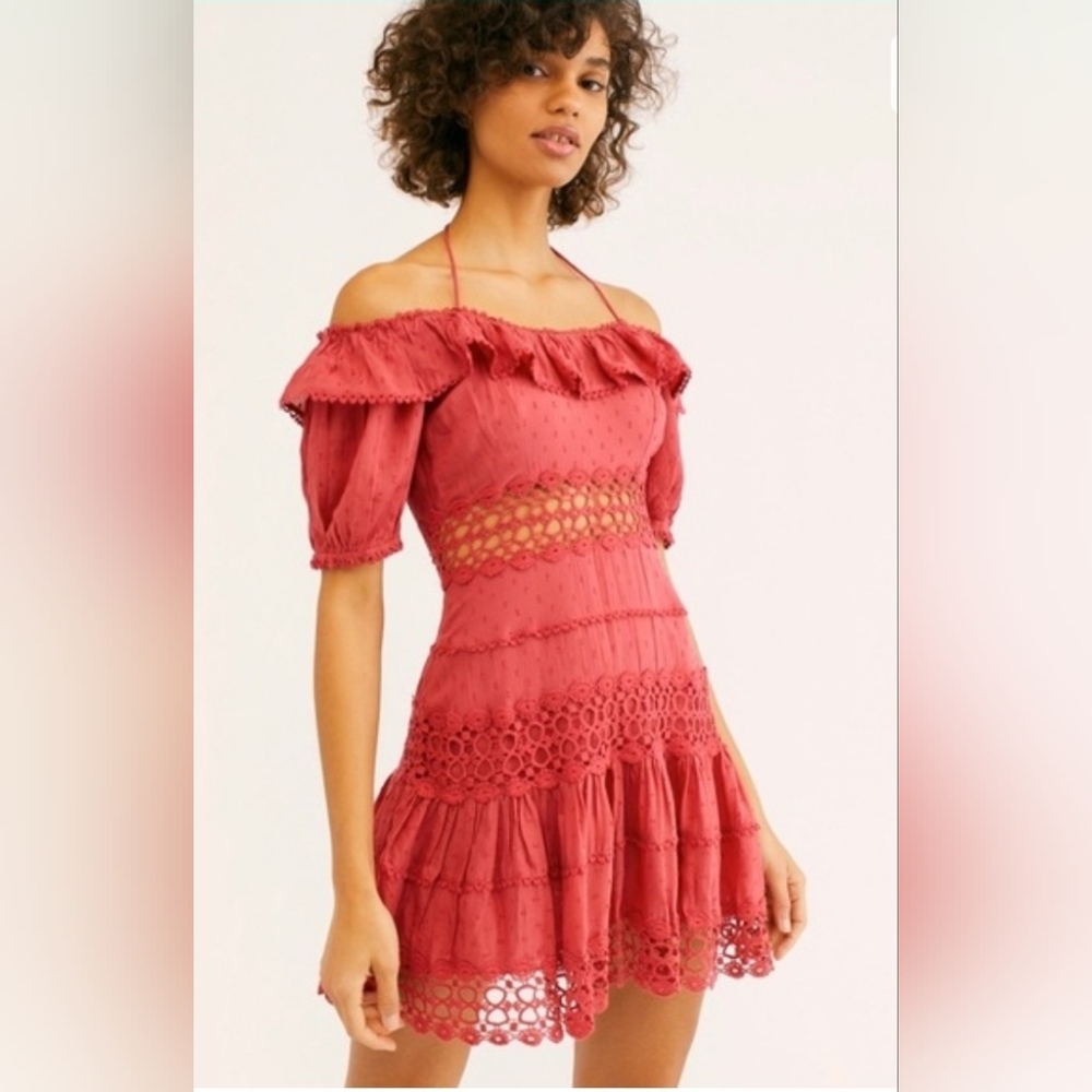 Free People Cranberry Tiers Ruffled Lace Tassels BOHO Peasant Dress Size 2 XS